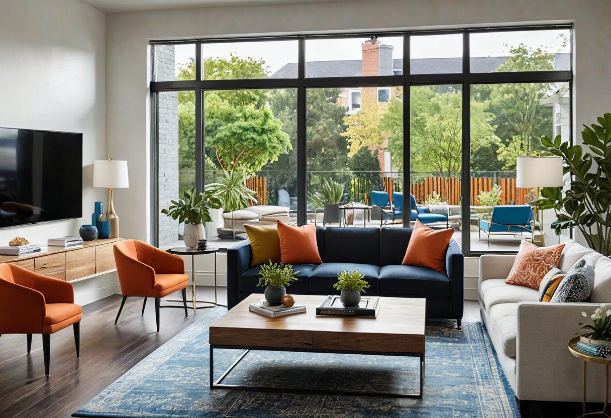 A modern, stylish living room with a welcoming ambiance, featuring a first-time homebuyer and a seasoned seller discussing over a coffee table filled with blueprints and financial documents. Include a large window showcasing a vibrant neighborhood outside, signifying opportunity and growth. The room should emanate warmth and positivity, symbolizing trust and collaboration. super-realistic. vibrant colors.