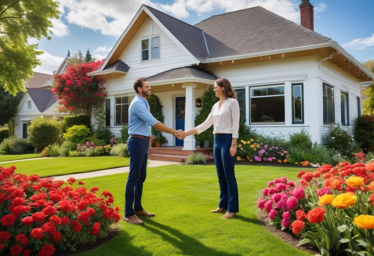 A confident home buyer and a smiling home seller shaking hands outside a charming house, surrounded by green grass, blooming flowers, and a bright blue sky. Include a 'Sold' sign in the background and visual icons of tips like checklists, keys, and price tags floating around. The scene should convey warmth and optimism, emphasizing collaboration and success in real estate transactions. super-realistic. vibrant colors. white background.